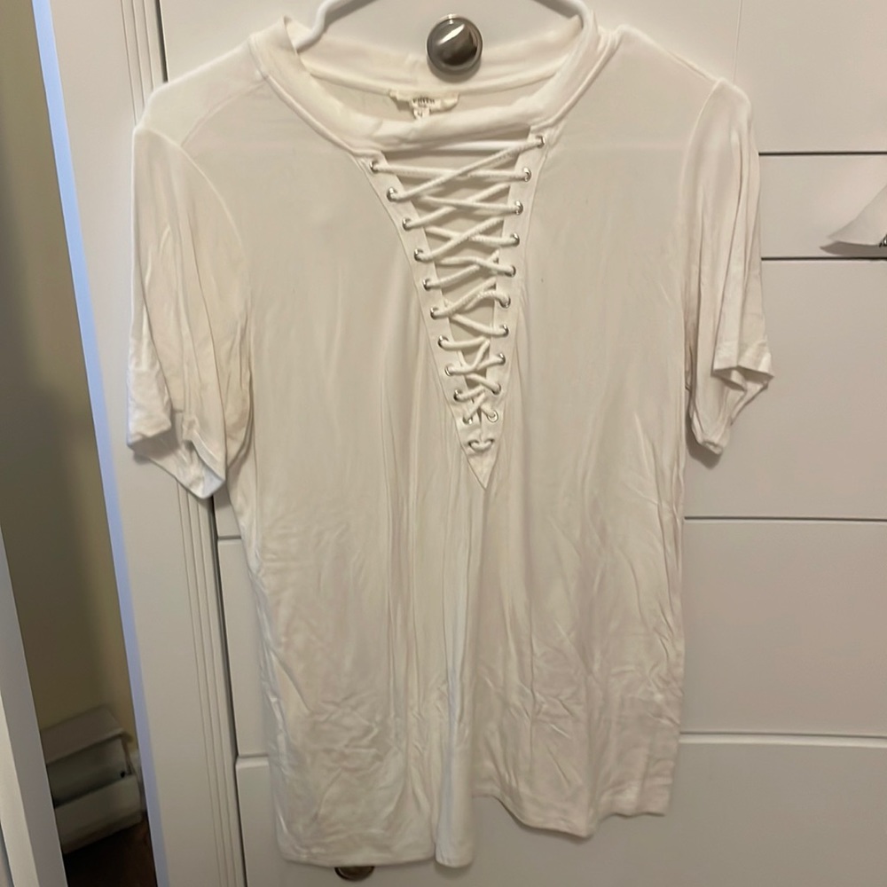 soft white tee with criss-cross neck in medium